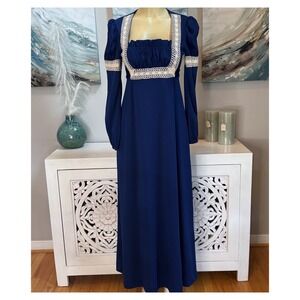Vintage 70s Renaissance Prairie Maxi Dress Navy Blue Crochet Lace Handmade